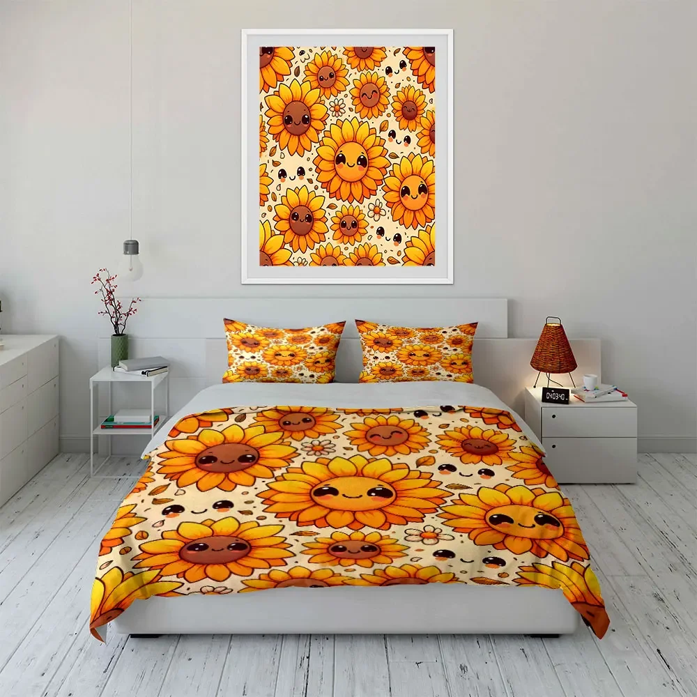 

Sunflower Cartoon Three-Piece Set Decor Multiple sizes kid's and adults' bedroom Exquisite 3PC bedding set, gift