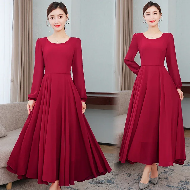 

O-neck Belted Chiffon Long Dress Women Spring Autumn Long Sleeve Red Black Dress Holiday Beach Big Swing Boho Dress E483