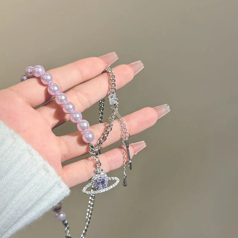 Mode Planet Saturn Halskette Frauen Mädchen imitation Perlen Kristall Herz Schlüsselbein Kette Romantische Schmuck Party Vielseitig Halsband
