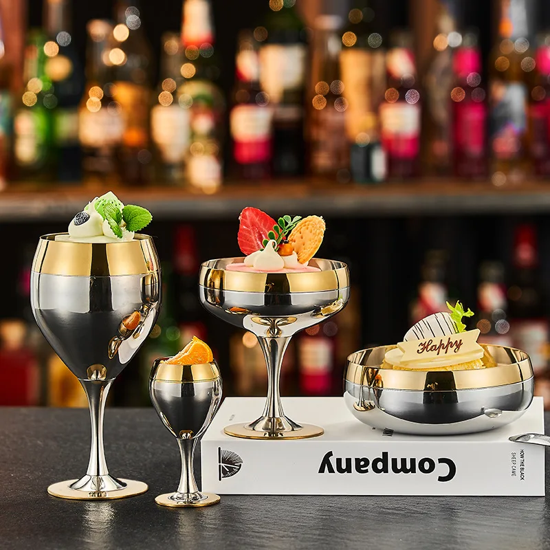 

Stainless Steel Gold-Rim Wine Glass, High-End Champagne Cup, Dessert and Ice Cream Drinkware, Elegant Tall Stem Glass