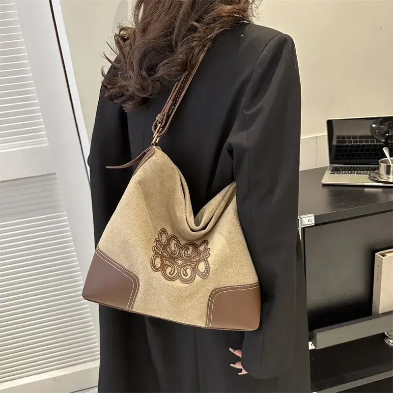 Simple Fallow Large Capacity Tote Bag Autumn New Style Vintage Western Style Shoulder Bag Simple Crossbody Bag