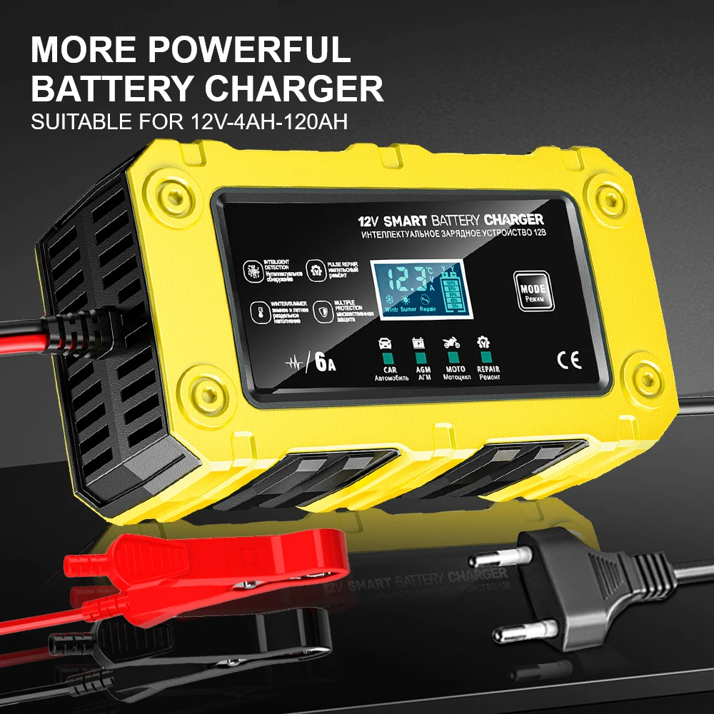 

12 В 6 А умное зарядное устройство для обслуживания свинцово-кислотных аккумуляторов, многофункциональное интеллектуальное импульсное зарядное устройство для ремонта автомобилей, мотоциклов, внедорожников