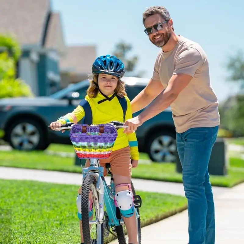 Cycle Front Basket Boys Girls Front Cycle Basket Waterproof Hand-Woven Rattan Cycle Basket With Adjustable PU Belts For Little