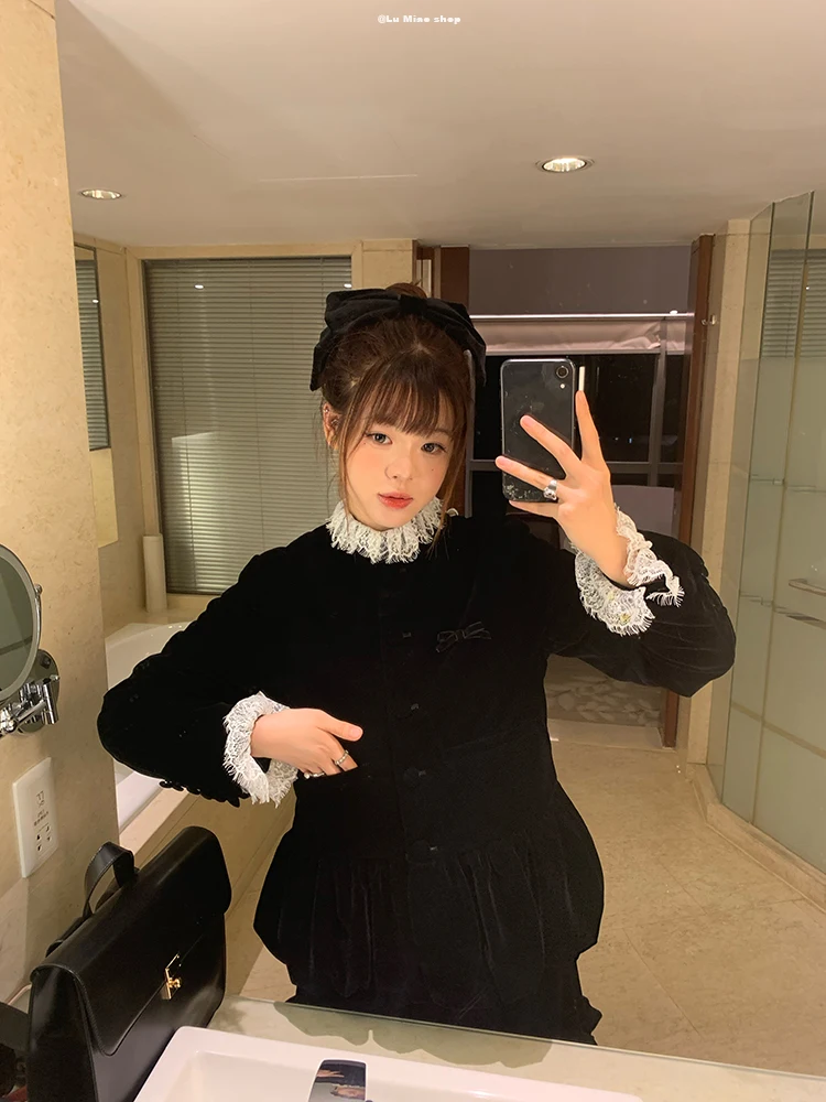 

Lumiao Bla Velvet Knot Puffy Flower Bot Thin Cotton Outerwear Ele High-End Feel Commute Sle Long Sve