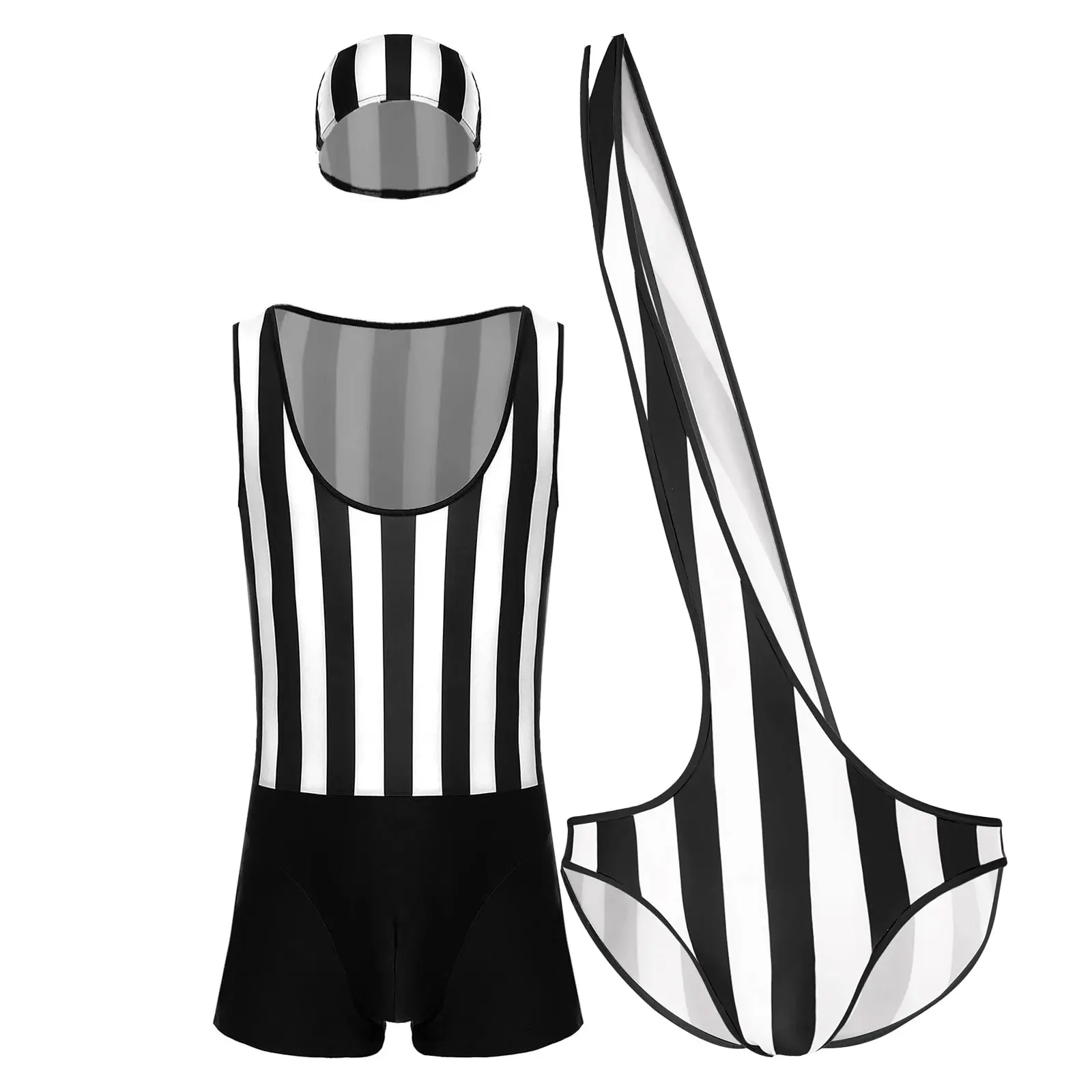 Mens Striped One Shoulder Swimwear Thongs Quick-dry Mankini One Piece Boxer Shorts for Beach Swimming Pool Sunbathing Swimsuit