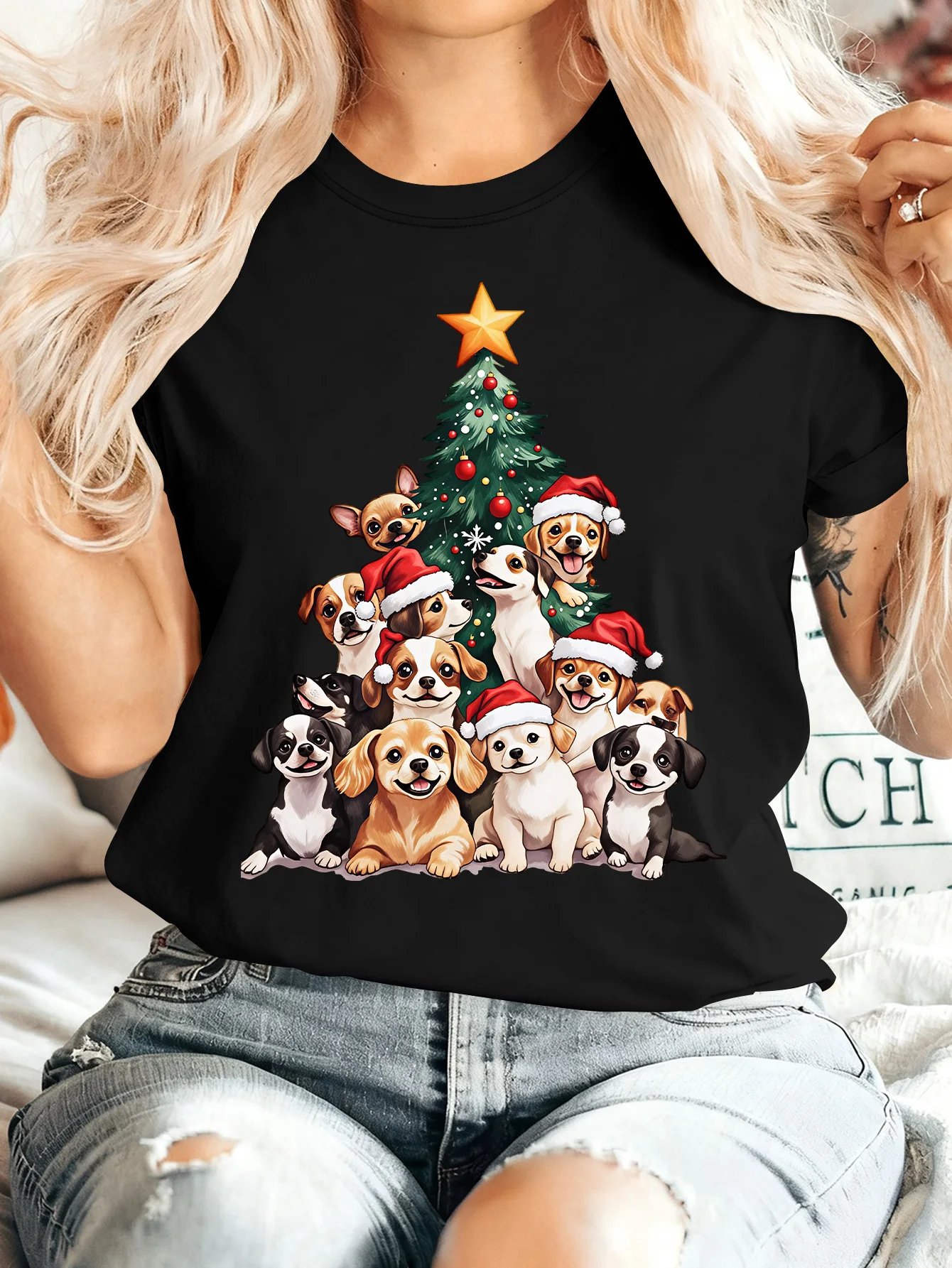 Women Crew Neck Tee Christmas Tree Puppy Dog Santa Hat Graphic Print Short Sleeve Loose Ladies Cotton Plus Size Casual Top