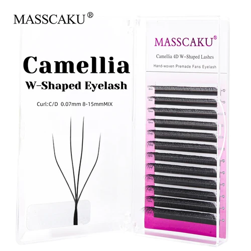 MASSCAKU 12 filas Camelia 3D W extensión de pestañas 0,07mm C D Curl pestañas hechas a mano esponjosas cómodas pestañas prefabricadas para fanáticos