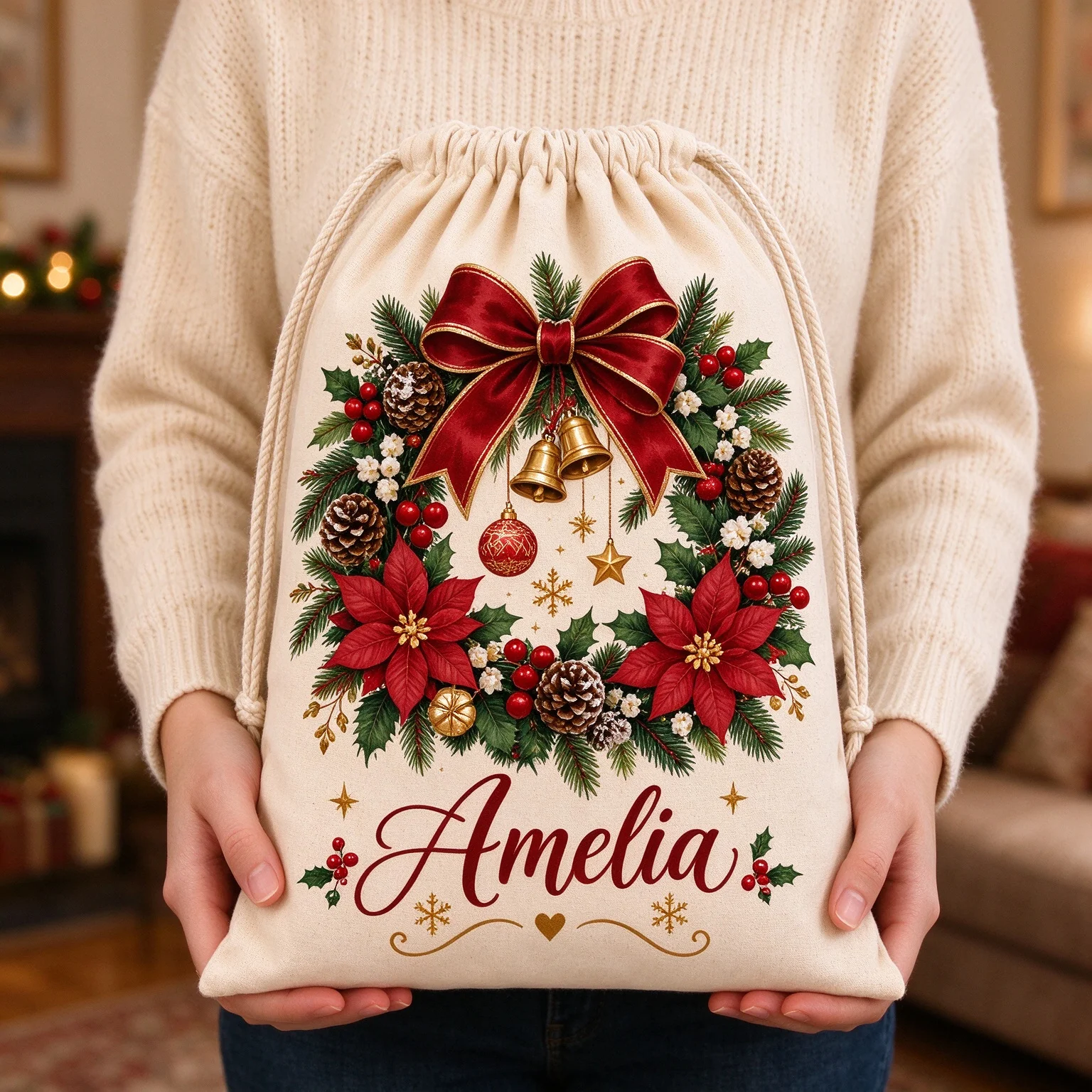 Christmas Bow Bell Poinsettia Drawstring Bag, Personalized Name Gift Sack, Xmas Holiday Gift Pouch for Family