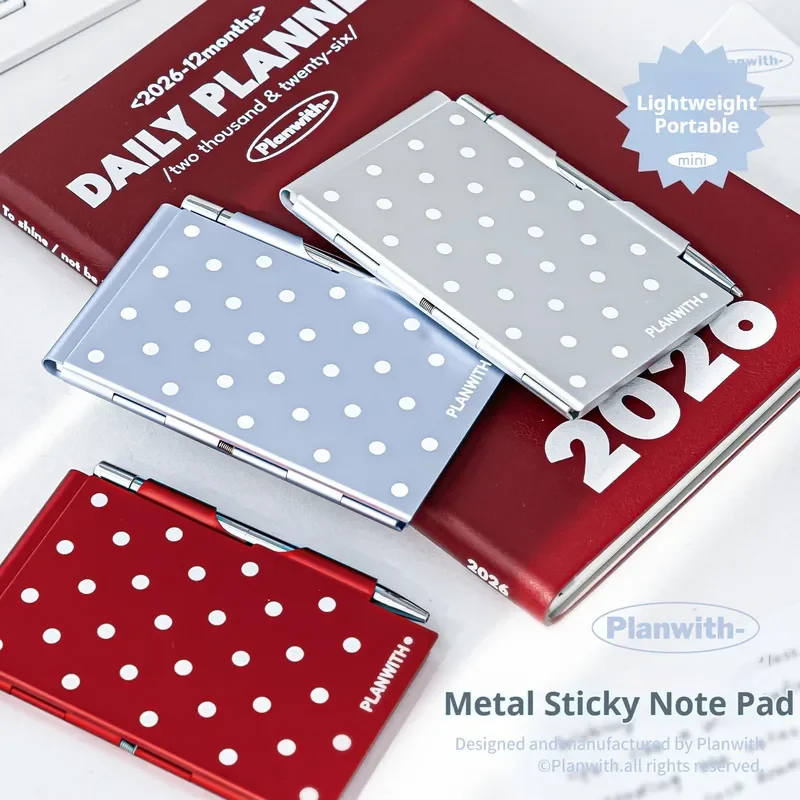 Planwith Metal Shell Polka Dot Notepad Portable Mini With Ballpoint Pen Notebook Daily Planner For Office Home Use