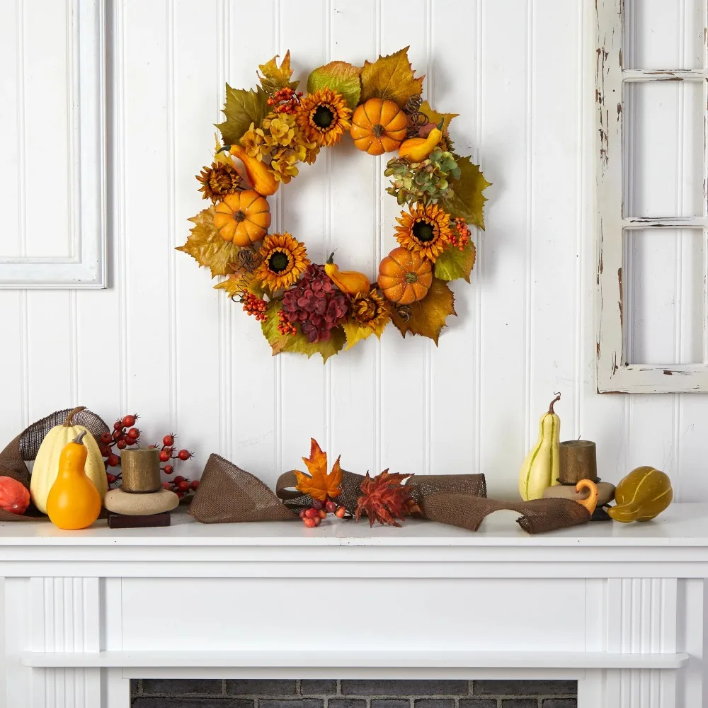 Decoration Halloween Decor Free Shipping Plastic Hydrangea Artificial Fall Wreath With Pumpkins and Sunflower 22 Inch Confetti