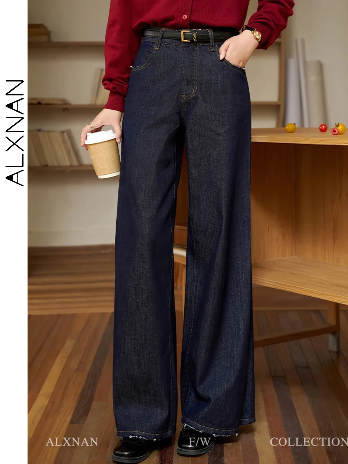 

ALXNAN женские джинсы темно-синие винтажные широкие джинсовые брюки-багги с высокой талией, осень 202, хлопковые элегантные брюки свободного покроя L39858