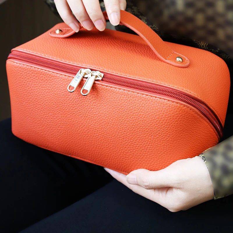 Sac de rangement en cuir lisse pour poudres de maquillage, étui à cosmétiques portable, grande capacité, haute qualité, nouveau design, mode