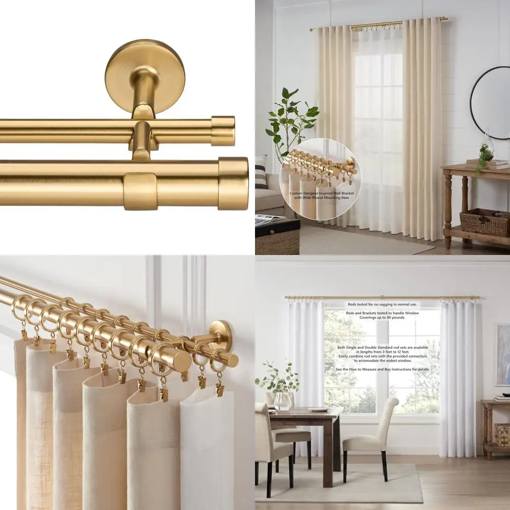 

Luxury Cambria 3ft Fixed Double Curtain Rod - 1-1/8 Diameter - Sleek Look - Designer Brackets & Caps in Brushed Gold