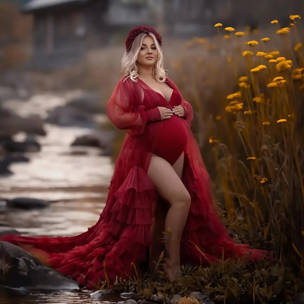 

Customized 2 PCS Maternity Dress for Photography Long Tulle Sleeve Pregnant Photoshoot Robe Tiered Slit Women Baby Shower