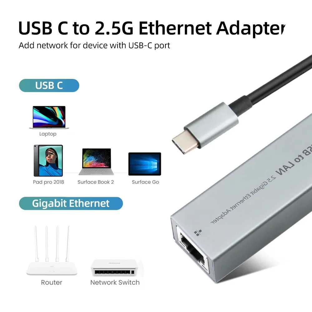 2500Mbps Ethernet Adapter 2.5 Gigabit USB3.0 Type C to RJ45 Lan Card Wired wifi Dongle Network Card for Laptop Xiaomi Mi Box PC