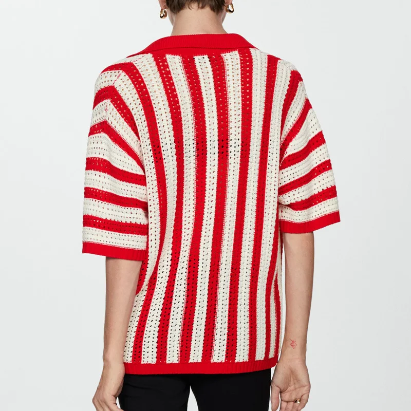 

Green Striped Lapel Cardigan Women's 2025 New Button Knitted Contrast Short-sleeved Cardigan Street Women's Clothing
