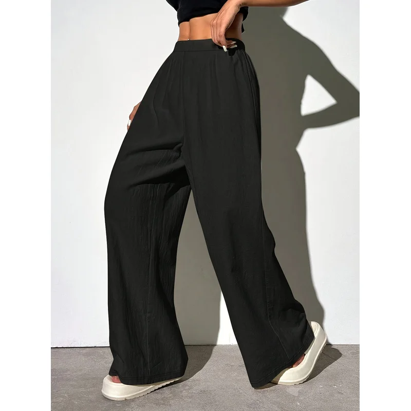   2025年 クラシックでシックなワイドレッグパンツ レディース ゴムウエスト 通気性 スリム ブラック デイリー オフィス カジュアル