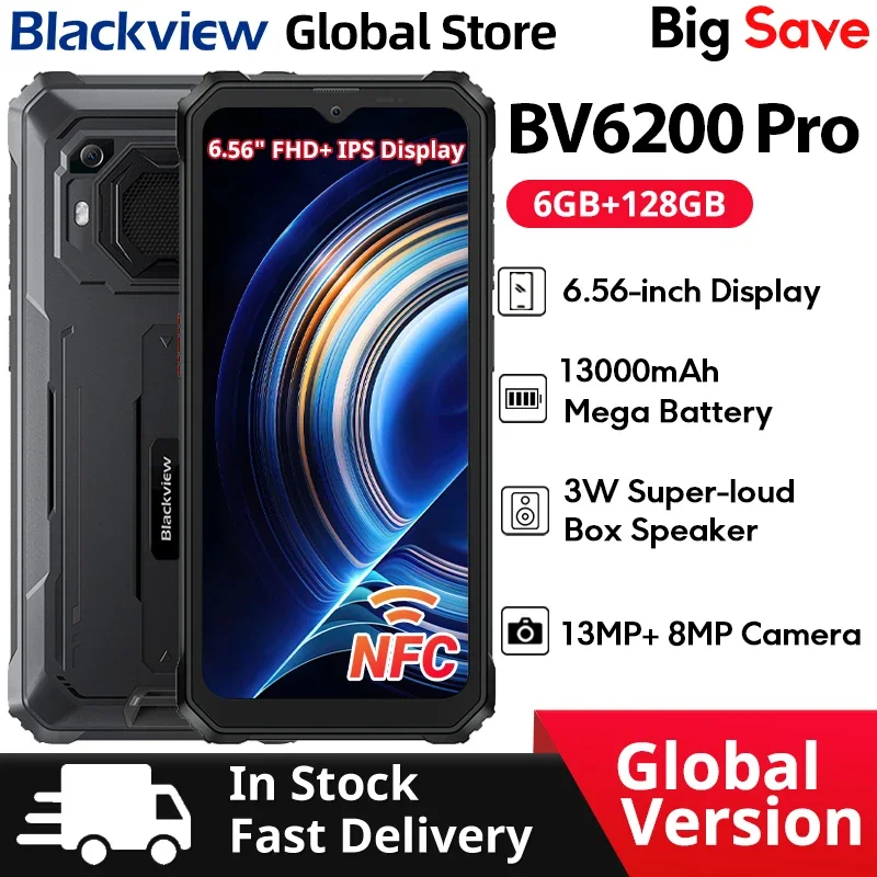 Blackview BV6200 Pro Robuuste telefoon 6,56'' FHD+ IPS-scherm IP69 Waterdicht Helio P35 6GB 128GB 13000mAh18W Snel opladen NFC CellPho