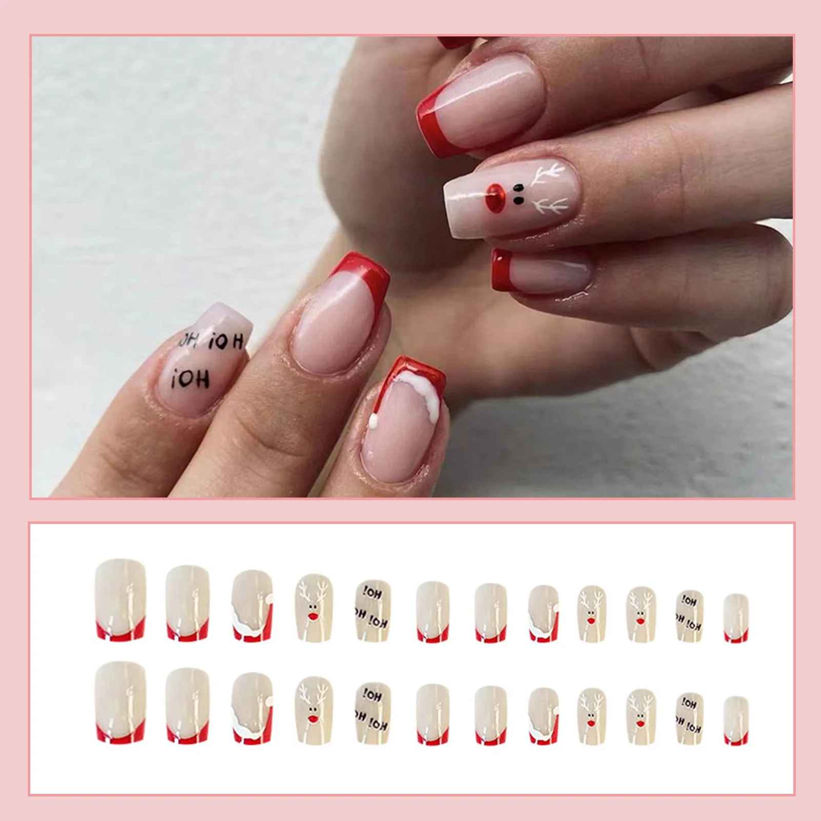 Red Edge False Nails with Santa Hat Printed Full Cover Square Artificial Nail Tips for Stage Performance Wear