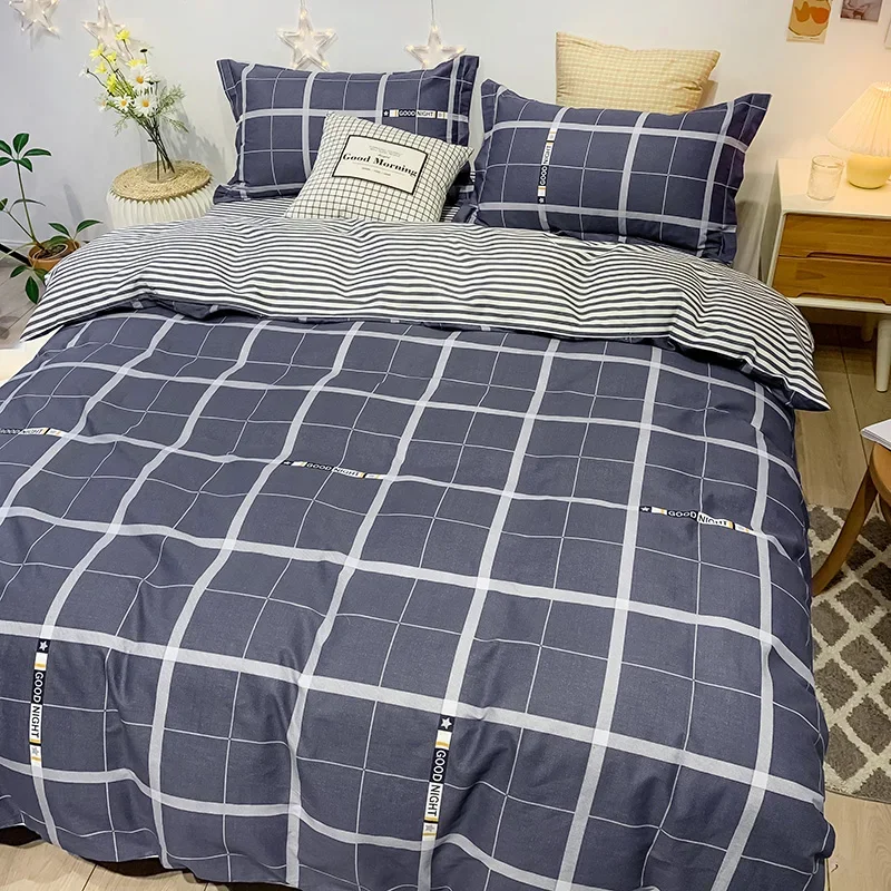 Gray Plaid Duvet Cover Set Queen King Size 3pcs Dark Grey Geometric Grid Cotton Bedding Comforter Cover Set with 2 Pillow Shams