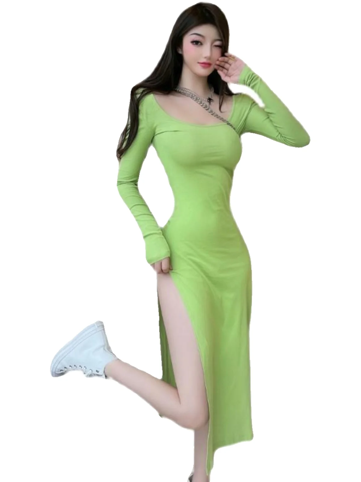 

Sexy Mid-Length Dr Women's Winter Design Side Split Slimming Fit Pure Desire Sle Long Sve High Waist Bodycon Gown