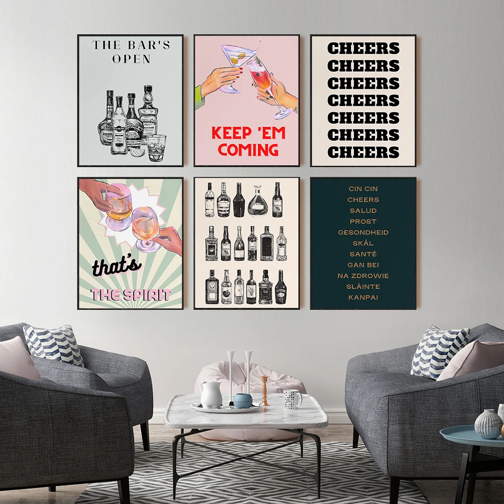 Bar Cart Cheers Print Accessories Wall Art Canvas Painting Preppy Poster Pictures Bar Cart Kitchen Decoration