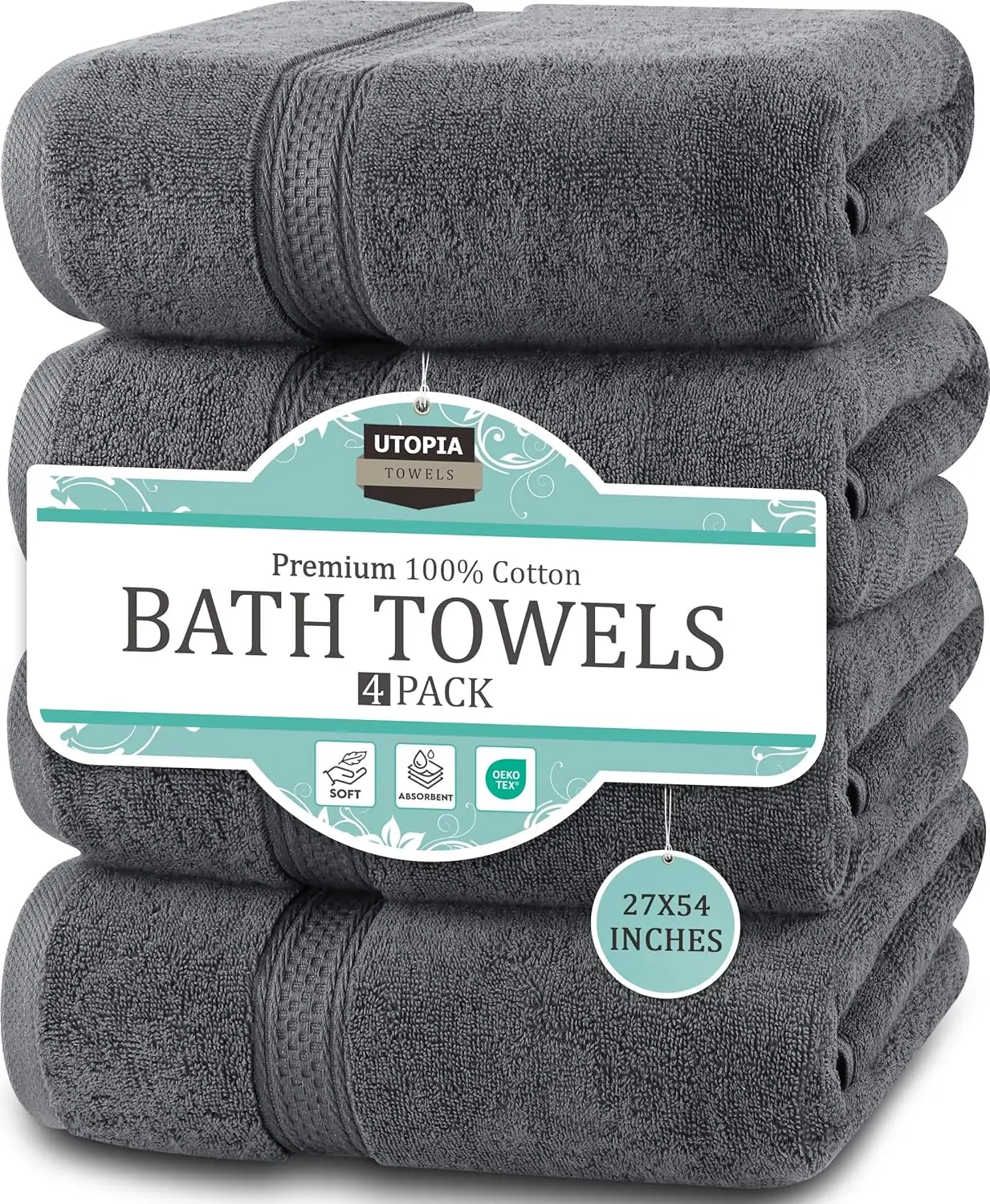 

4-Pack Premium Bath Towels, 27x54 Inches, 100% Cotton, Highly Absorbent and Quick-Drying for Daily Use in Grey