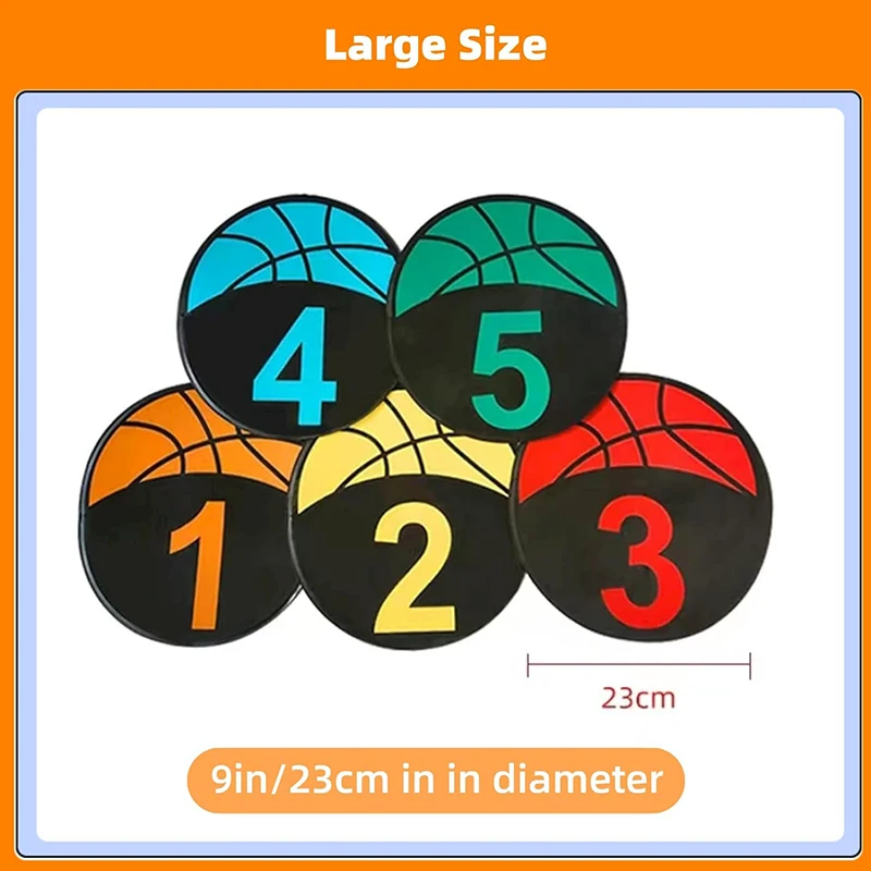 Basketball Spot Marker 5 or 10-Pack 9 Inches Colorful Anti-Slip Rubber Sports Basketball Training Markers Round Flat Number Dots