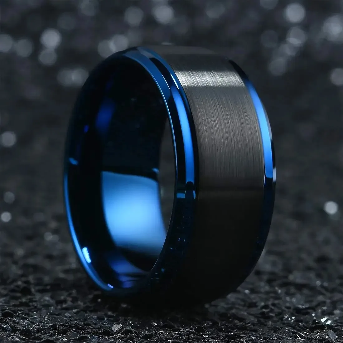 Fashion 8mm Black Brushed Titanium Stainless Steel Rings for Men Women Blue Color Edge Men Ring Wedding Party Jewelry Gifts