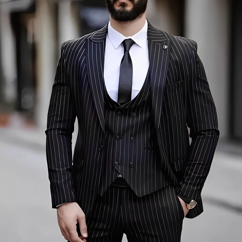 Black Striped Men's Suit Three Piece Suit Party Wedding Groom Tuxedo Jacket Pants Vest Slim Fit Men's Blazer