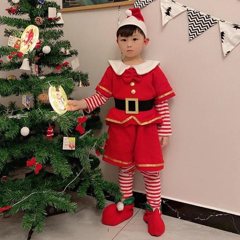 Menino menina conjunto completo traje de natal arco confortável elfo cosplay vermelho role play outfit festa de natal