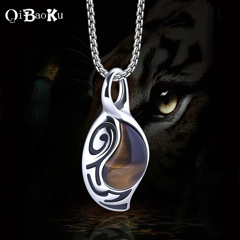 

New Retro Silver Necklace for Men Natural Tiger Eye Stone Punk Style Unique Design Men's Long Chain Pendant Party Christmas Gift