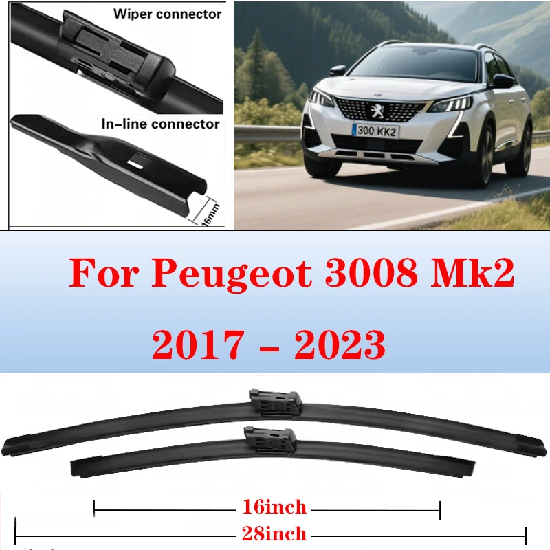

Комплект щеток переднего стеклоочистителя для Peugeot 3008 Mk2 2023 2022 2021 2020 2019 2018 2017, щетка для лобового стекла 28 "+ 16"