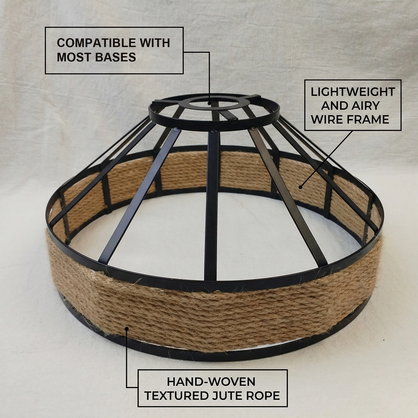 Rustic Jute Rope Lamp Shade, Black Metal Dome Bell Wire Cage Cover for Pendant Light E27