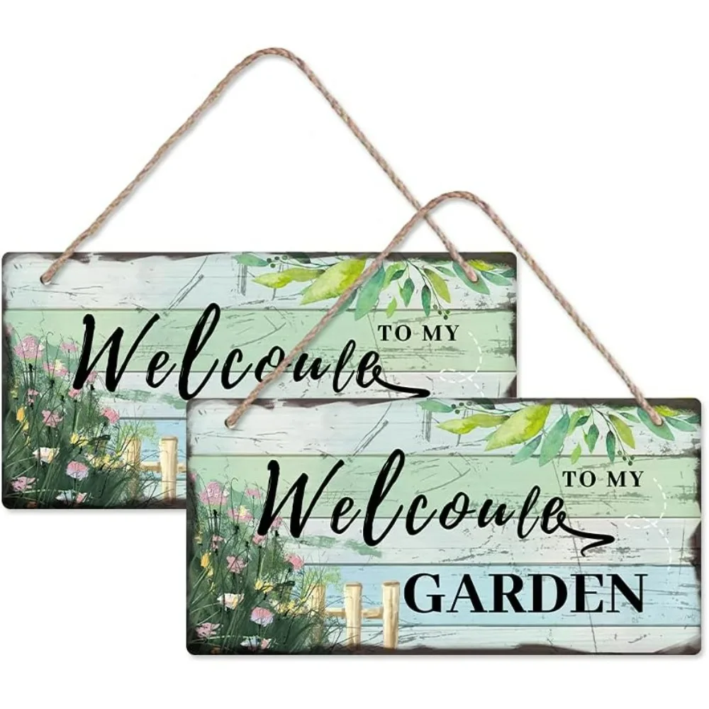 2 Sets Welcome Wood Hanging Sign Colorful Garden Scenery Pattern Plaque Rectangle Wall Art Sign Hanging Sign for Garden Yard