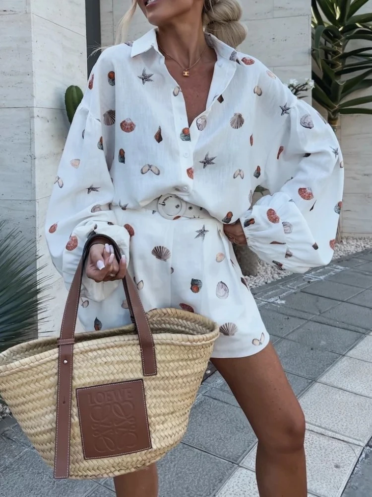 

New Summer Women's 2 Piece Sets Womens Outfits Fashion Casual Suits Long Sleeve Tops Shirt Belt Shorts Sets Clothing for Women