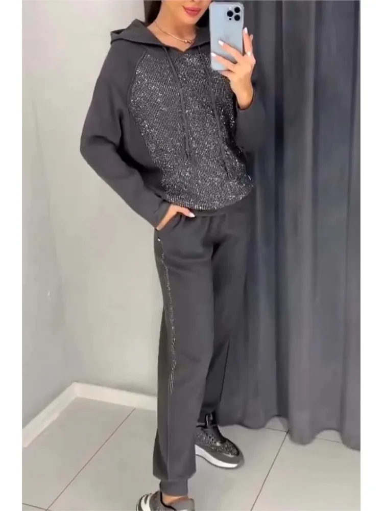 Autumn Women's Suits Fashion Diamonds Hooded Sweatshirt Long Pants Sets Sports Suit O Neck Solid Color Loose 2-piece Set