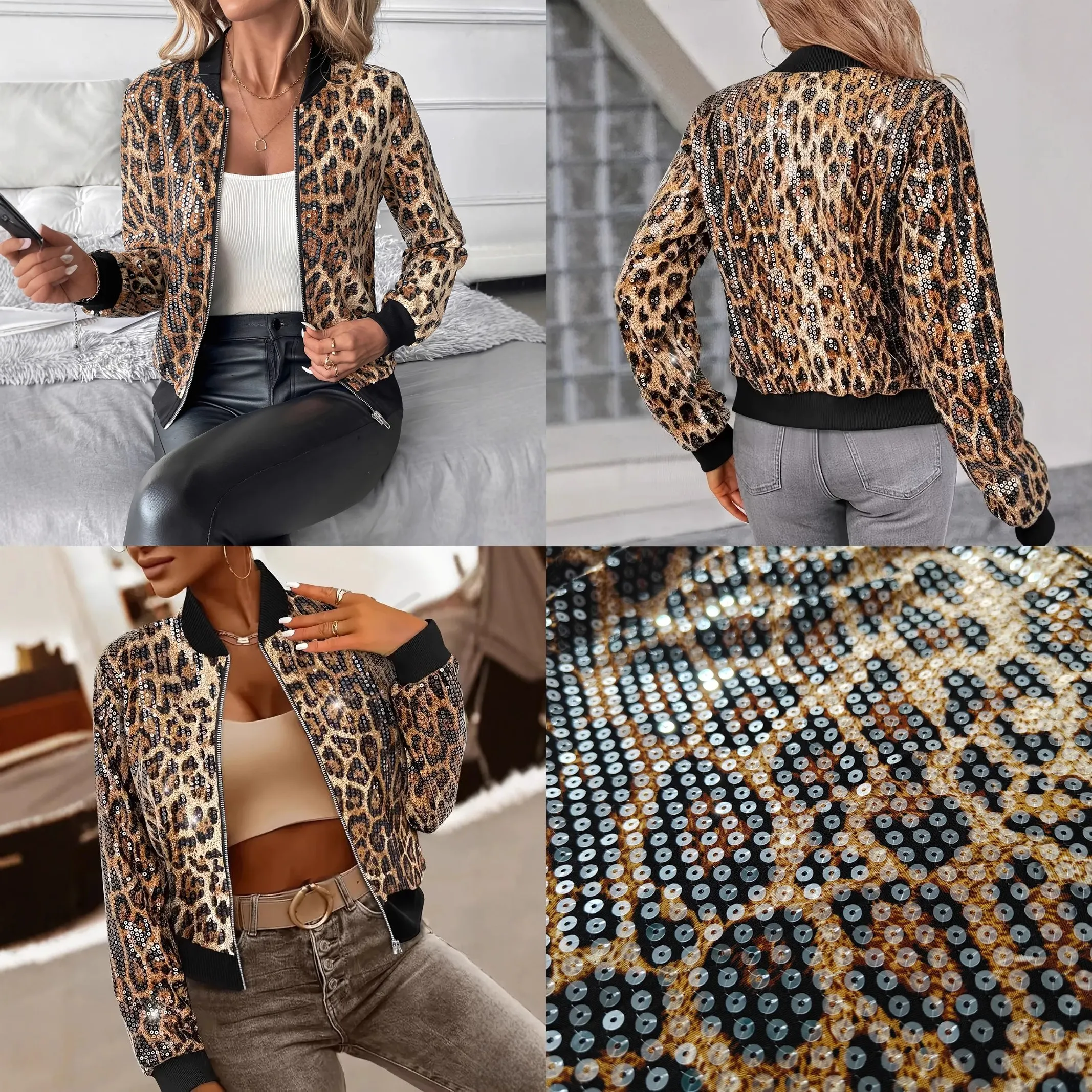 Leopard Sequin Baseball Jacket Women's Transparent Shimmer Short Coat Spring Summer Female Outerwear Jackets Fashion Streetwear