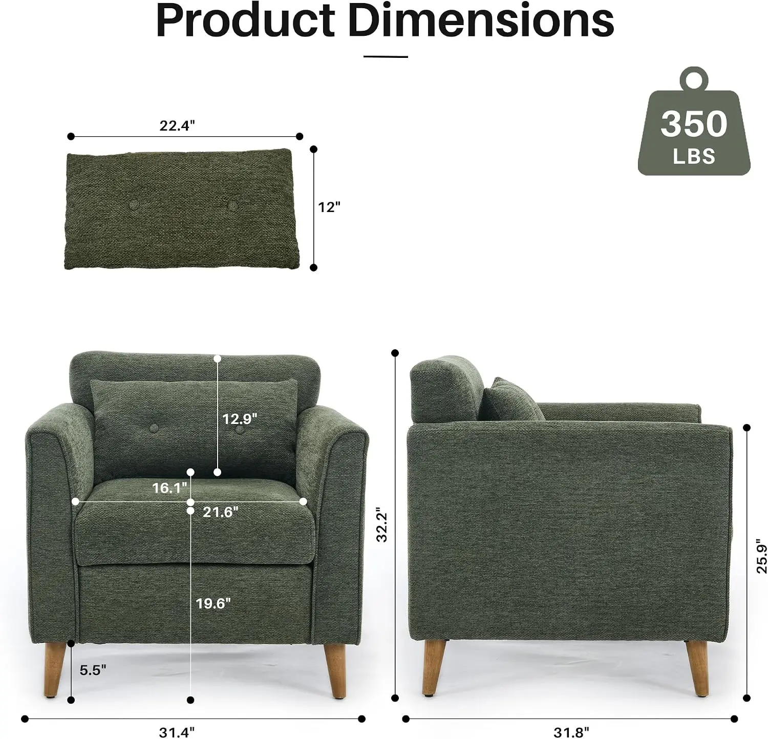 Modern Green Accent Chair with Wooden Legs Plush Fabric Armchair | Mid-Century Modern Accent Armchair Cozy Reading Chair