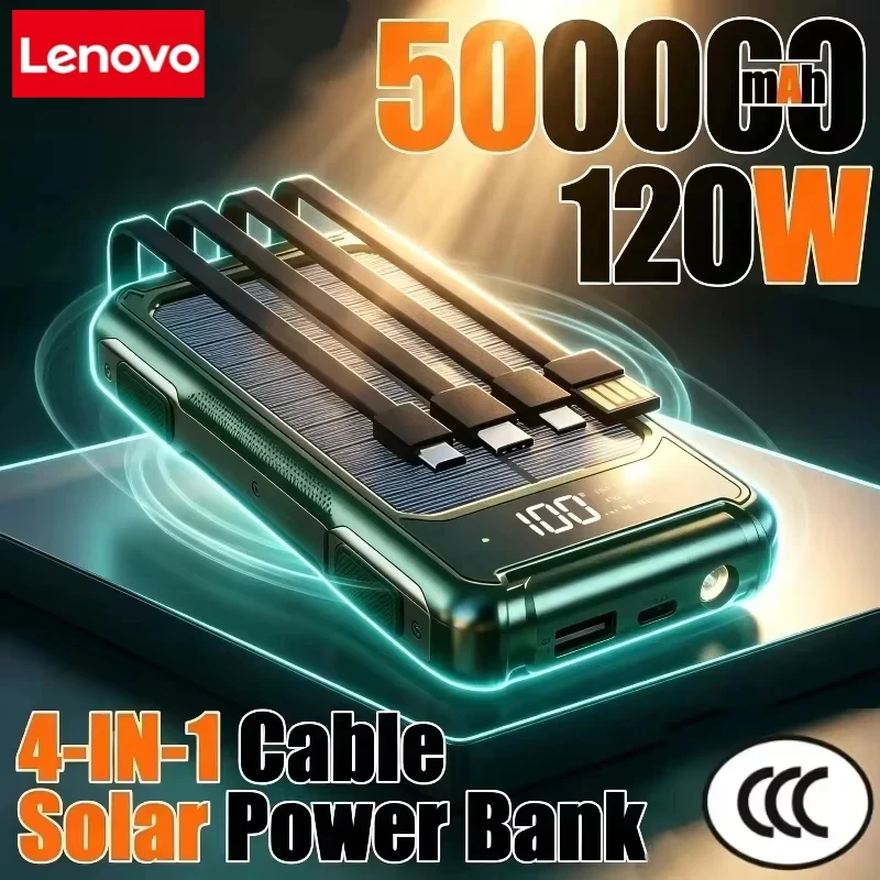 Lenovo 50000mAh Solar Jump Starter Large Capacity 4-in-1 Built in Cables Intelligent Digital Display Power Supply For IPhone