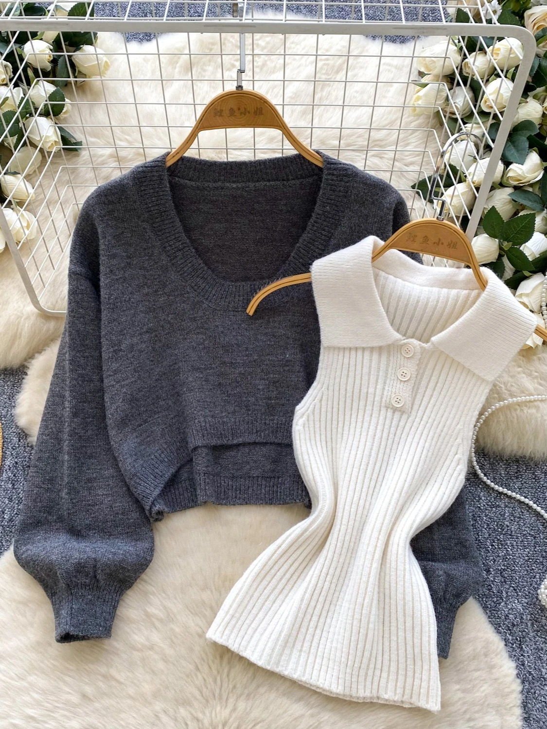 Foamlina 2025 Korean Chic 2 Pieces Set Women's Autumn Winter Polo Collar Knitted Vest Top and Long Sleeve Short Pullover Sweater