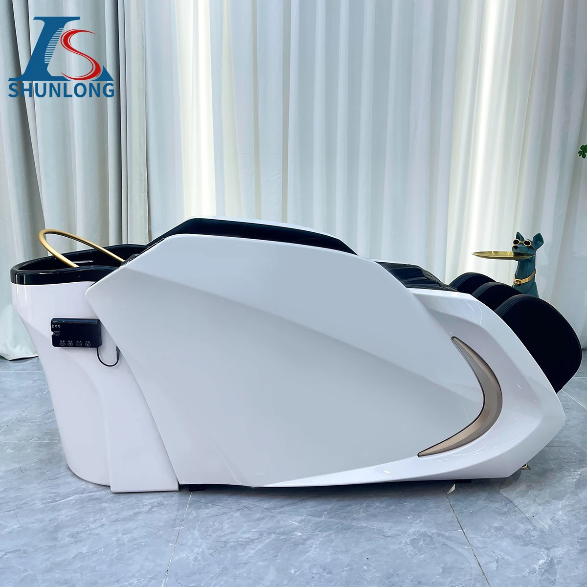 Luxury Electric Head Therapy Bed, Barber Shop Reclining Shampoo Chair with Ceramic Basin