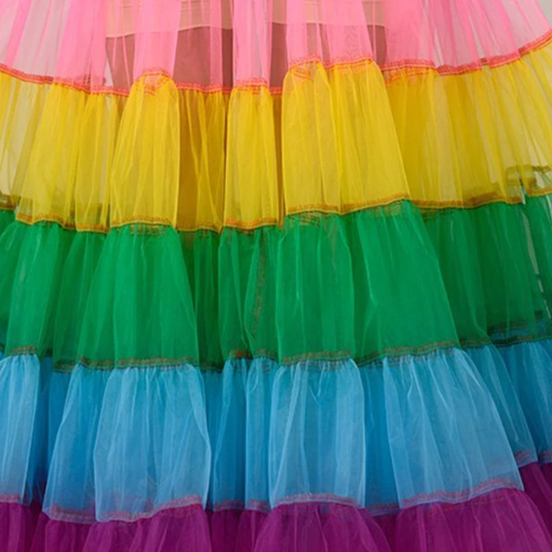 ZB91 Multicolored Rainbow A-Line Maxi Tutu Skirt Pleated Floor Length Mesh Petticoat