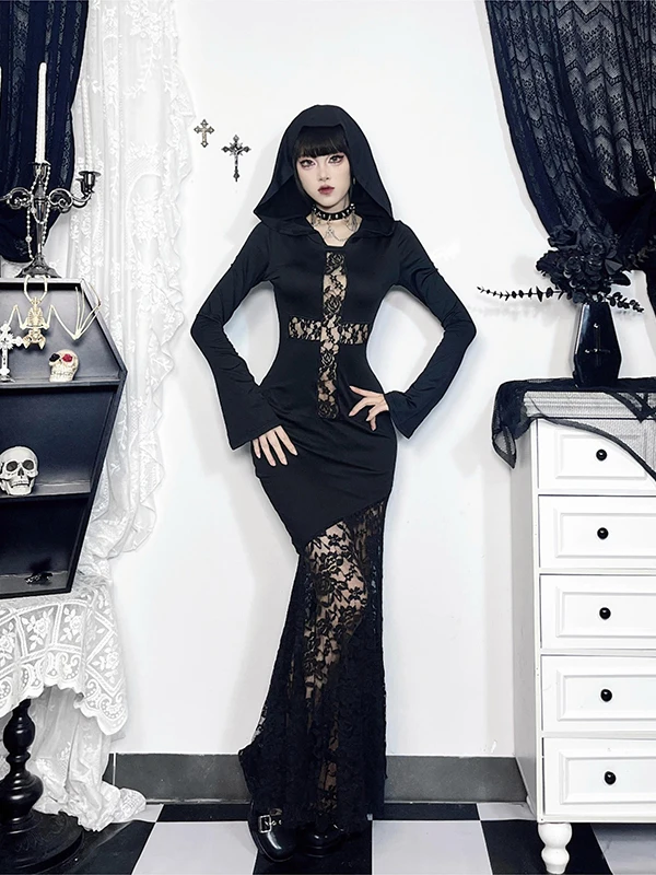

Gothic Bla Lace Long Dr Wannathis loween Witch Cosplay Costume Vintage Sle Polyester Fiber Long Sve Maxi Dr