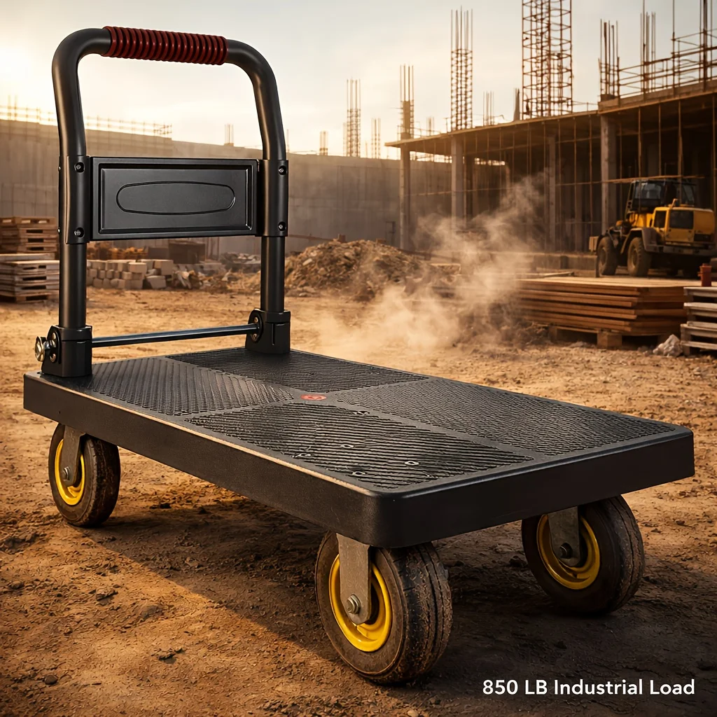 

850.98LB Heavy-Duty Folding Platform Cart, Industrial Construction Utility Dolly with One-Step Fold, 4 Swivel Wheels
