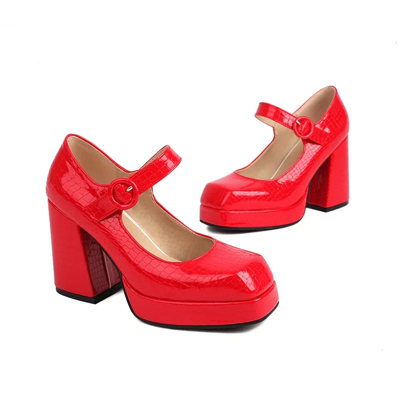 Gold Red Shiny Patent Leather Mary Janes Women High Chunky Heels Dress Party Office Lady Spring Trendy Square Toe Platform Pumps