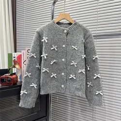 2024 Women Autumn Knitted Bowtie Design Cardigans Sweater Coat Single Button Long Sleeve Women Gray Sweater Tops Style Coat