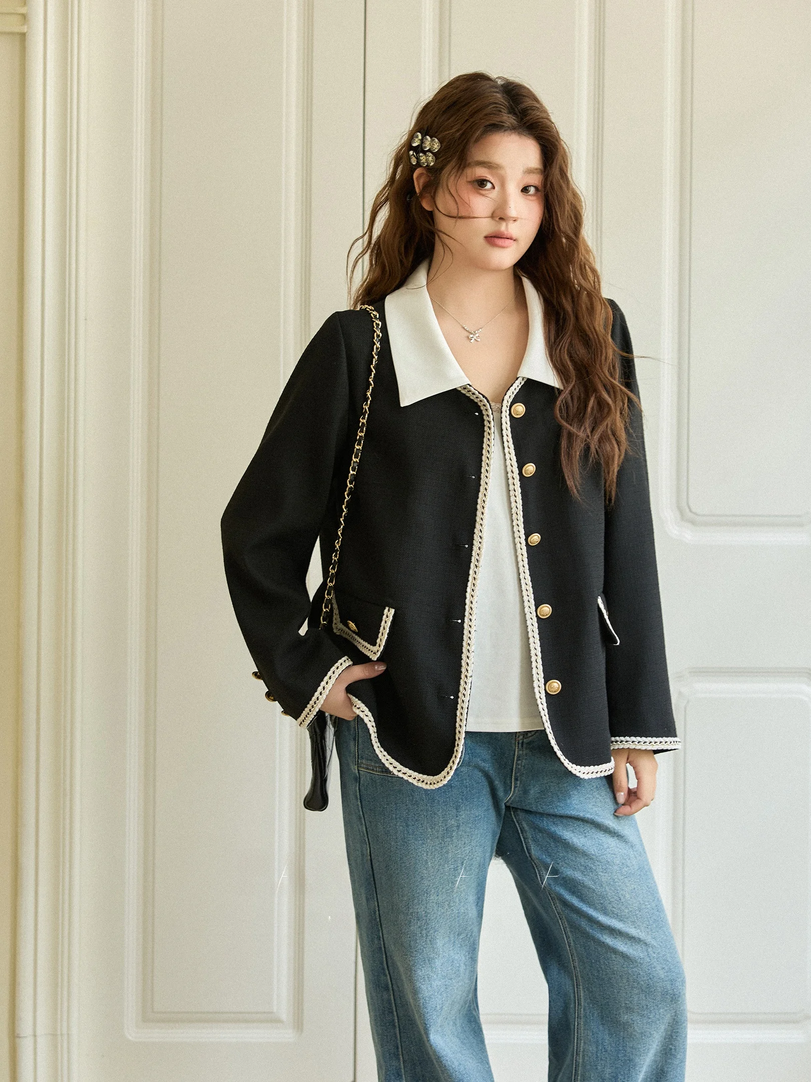 

plus Size Women's Bla Gold Night Two-Piece Jaet Casual Sle Polyester Blend Long Sve ort Coat with Collar Butto...