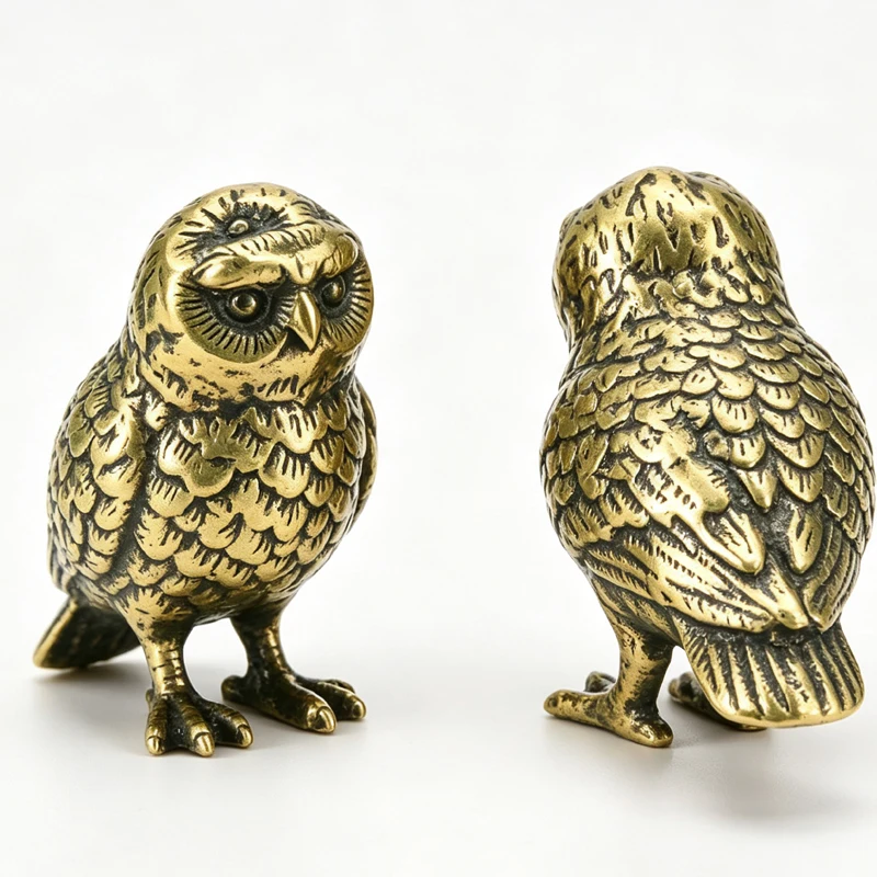 Figurines d'hiboux anciennes en laiton massif, miniatures, ornement de bureau, petite statue d'animal vintage, décorations artisanales pour la maison