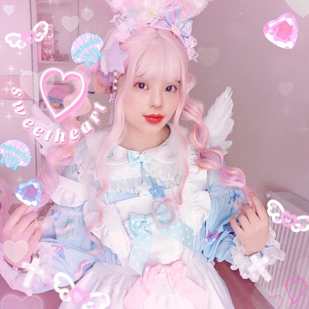 XG Japanese cute girl cute wig Harajuku soft girl COS rainbow wig ice cream color big wavy long curly hair